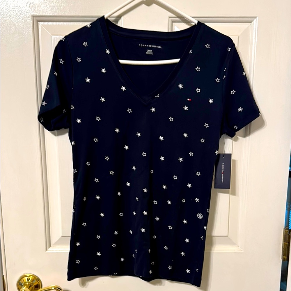 Tommy Hilfiger Navy Blue Fitted Embellished Short Sleeve Tee. Medium. NWT